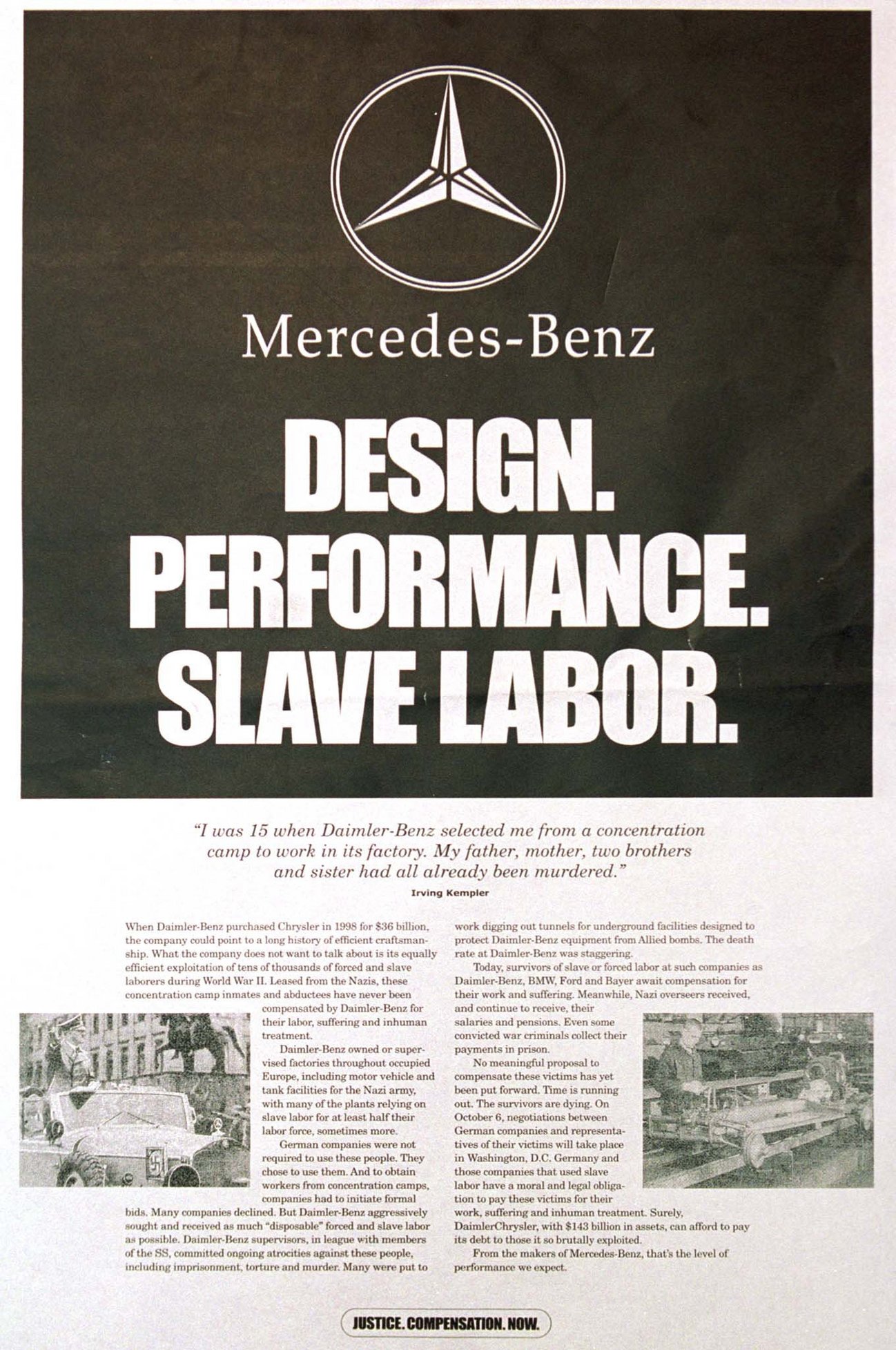 Zeitungsanzeige „Mercedes-Benz. Design. Performance. Slave Labor.“, The New York Times, Oktober 1999, Ullstein