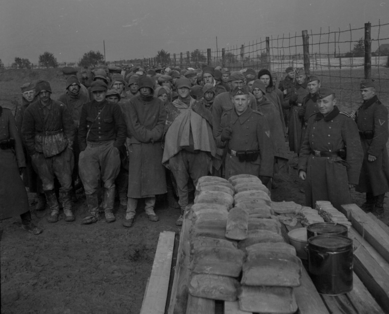 Sowjetische Gefangene warten in Kolonne aufgereiht auf die Verteilung der Verpflegung, 1941/42, Bildarchivnummer 2234, Archiv der Gedenkstätte Ehrenhain Zeithain