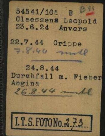 Krankenkarte von Leopold Claessens aus dem Außenlager Harzungen, 1944. Auf der Karte ist rechts oben zusätzlich das Arbeitskommando („B11“) vermerkt, in dem er arbeiten musste, Arolsen Archives